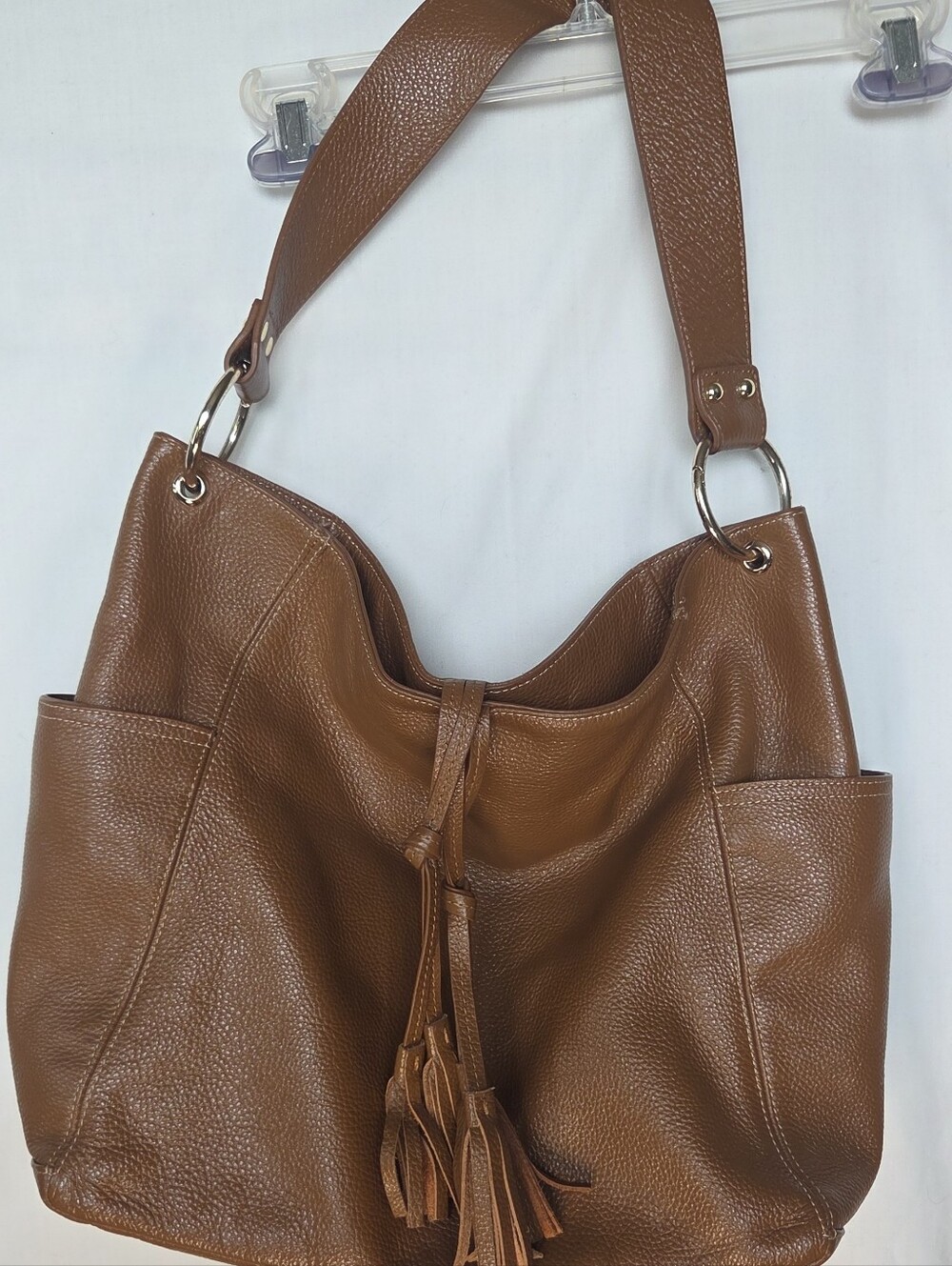 LAGGO Brown Pebbled Leather Hobo Shoulder Bag Magnetic Closure 0-Rings Tassles